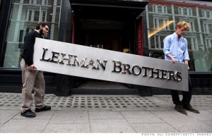Lehman Brothers sign being taken away