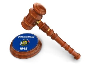 Wooden Mallet and flag Of Wisconsin (clipping path included)