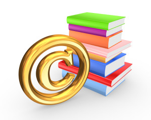 Colorful books and symbol of copyright.Isolated on white.3d rendered.
