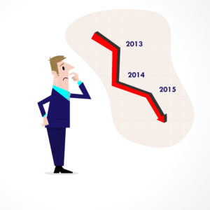 Business man confused stock market arrow.Sad businessman with gr