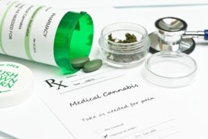 Medical marijuana prescription with bottle and stethoscope.