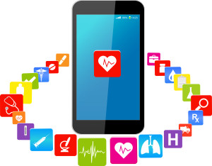 Blue Touchscreen Smart phones with colorful medical application icons