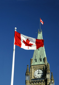 Canada flag and clock tower