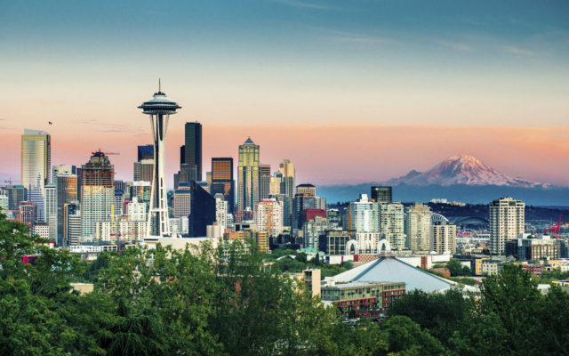 Seattle Skyline and Mount Rainier at Sunset