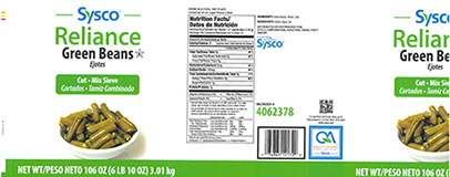 Sysco Reliance canned green beans label