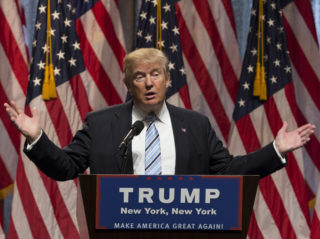 Donald Trump speaks during introduction Governor Mike Pence as running for vice president at Hilton hotel Midtown Manhattan