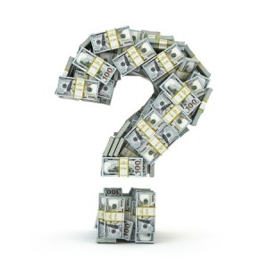 35827527 - question sign from packs of dollar isolated on white. where to invest money concept. 3d