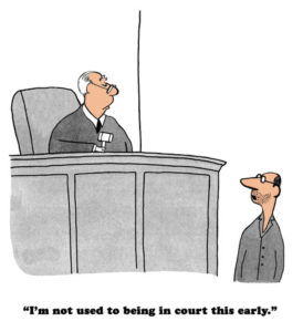 65888487 - legal cartoon about having a hearing too early in the morning.