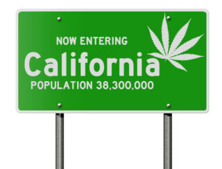 California highway sign with marijuana leaf