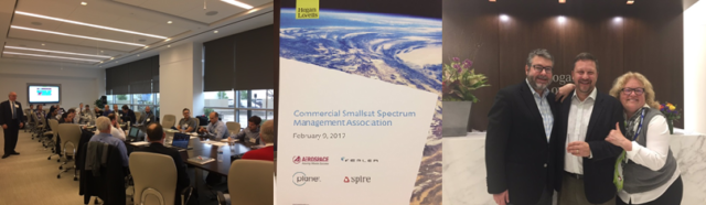 CSSMA meeting participants discussing pressing SmallSat issues at the Hogan Lovells offices in Menlo Park, CA; Hogan Lovells Partners Lucky Vidmar (left) and Randy Segal (right) speak with attendees.