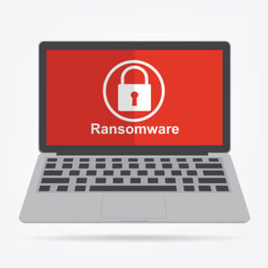 Computer laptop with ransomware malware virus key icon on red display background. Vector illustration technology data privacy and security concept.