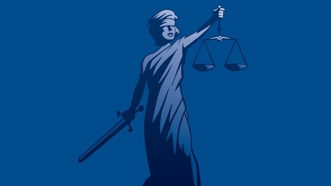 Blue illustration of Lady Justice holding a sword and scale