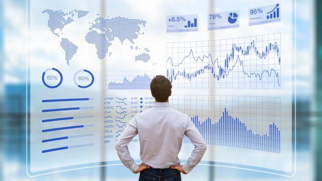 Person using futuristic HUD interface, KPI and BI, technology, data