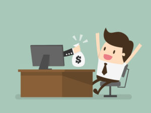 Illustration of man receiving a bag of money from computer monitor