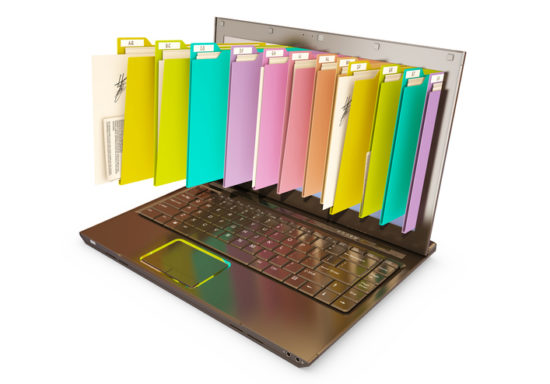 file in database - laptop with folders, 3d rendering