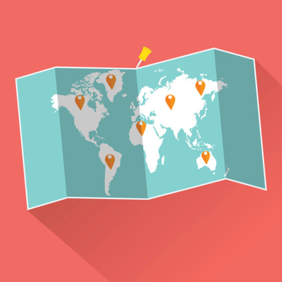 Pins of vacation trip on world map with long shadow. Vector illustration traveling concept.