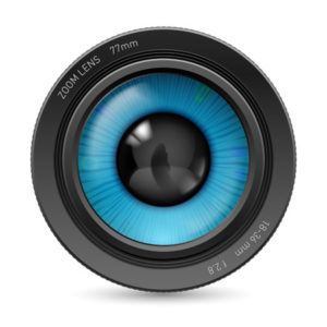 Camera lens/blue eye illustration isolated on white background.