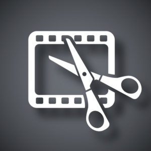 Illustration of scissors on video player, symbolizing video editing icon/clips