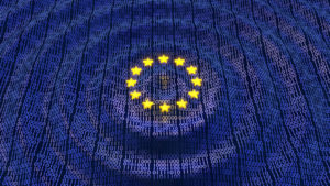 Illustration of binary code rippling out from the European Union flag, in relation to GDPR