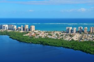 Aerial view of San Juan, Puerto Rico and Caribbean Sea