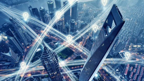 Map pin flat above city scape and network connection concept