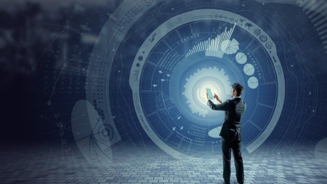 business-person-back-view-and-futuristic-interface-smart-city-of-picture-id810599006