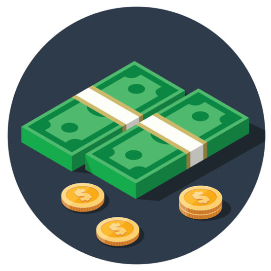Vector of two stacks of money and four coins against black circle background