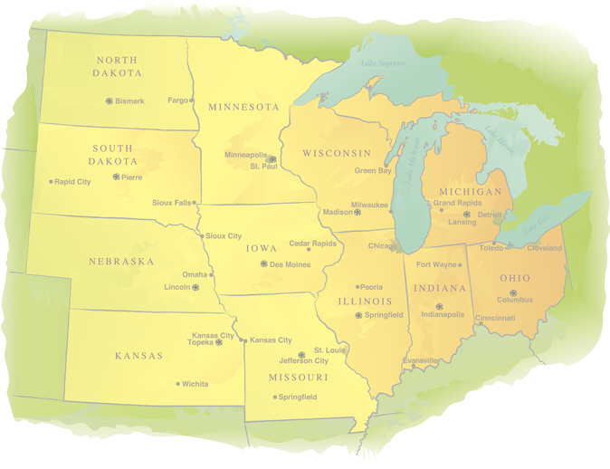 Midwestern USA State Map - Watercolor Style