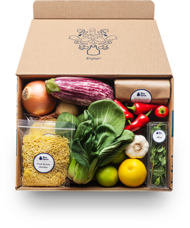 Photo of a Blue Apron kitchen ingredients box