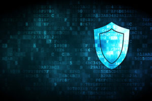 Pixelated shield icon on digital background,