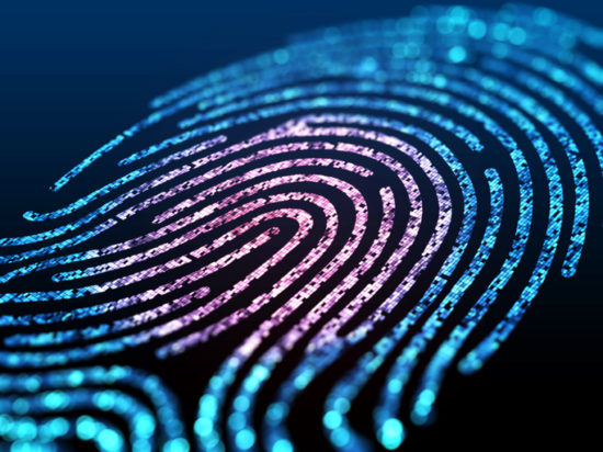 Digital fingerprint on black screen.