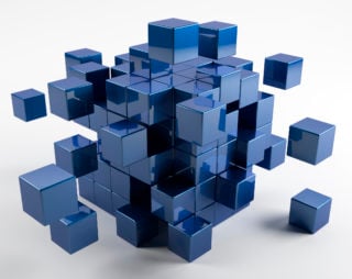 3d blue cubes come together from different directions.