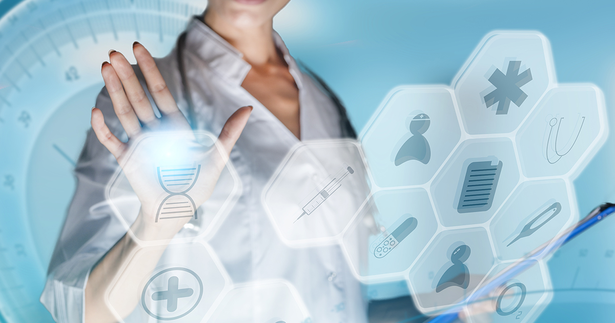 Medical concept of futuristic health care technology and augmented reality. A female doctor hand is touching a virtual control panel. Communicate about innovative use of future health care technology