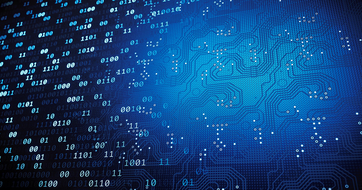 A side view on a digital panel merging binary numbers with an integrated circuit