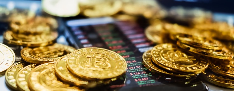 new-virtual-money-concept-gold-bitcoins-is-digital-cryptocurrency-use-picture-id919509810
