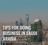 Leading edge digital magazine summer 2019 article thumbnail of a city skyline with tall buildings, titled "tips for doing business in saudi arabia"