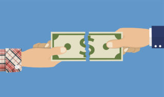 businessman hands tearing apart money banknote into two peaces. vector illustration in flat design