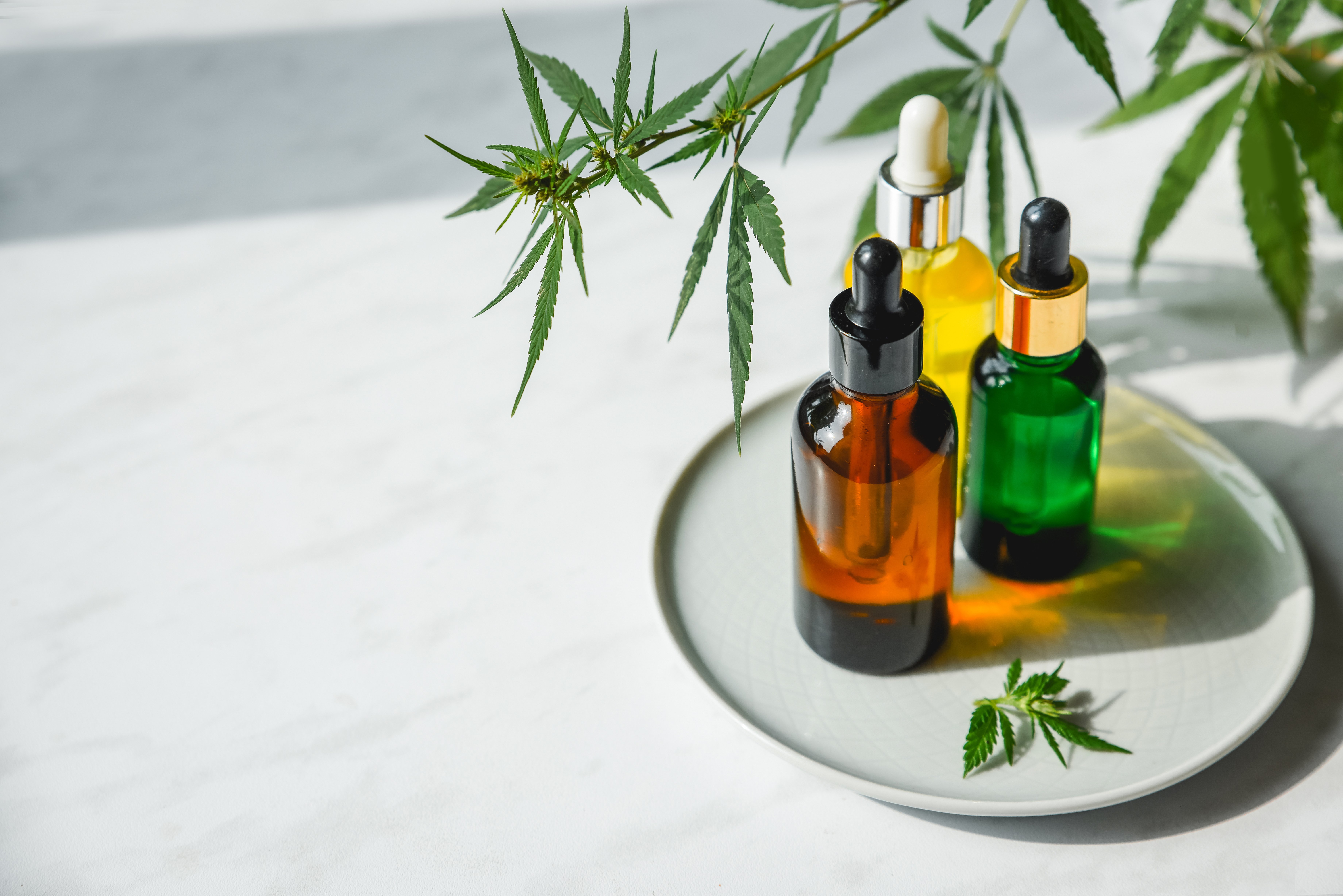 Glass bottles with CBD oil, THC tincture and hemp leaves on a marble background. Flat lay Cosmetics cannabis oil.