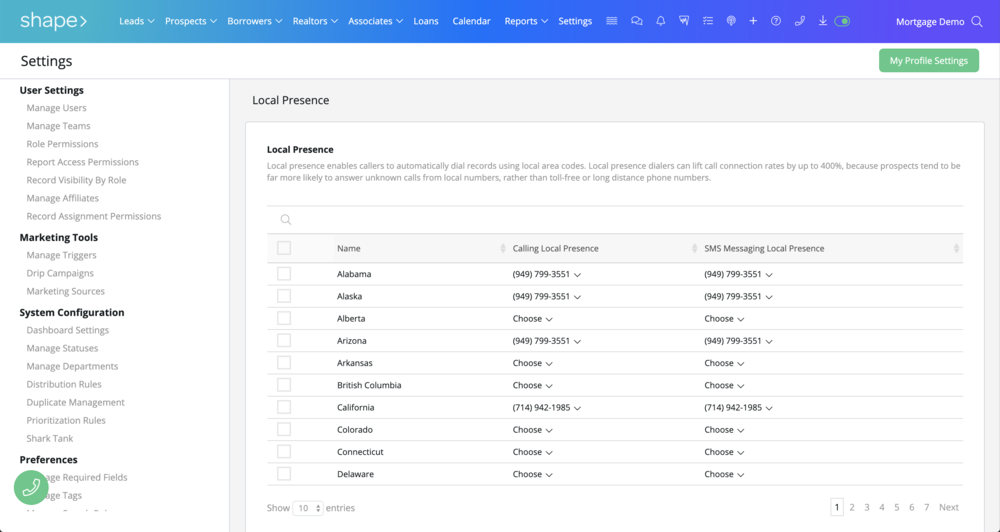 Pick and choose which phone numbers are associated with each state in Shape’s local presence settings.