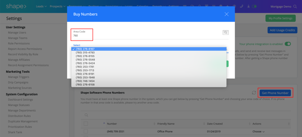Get a phone number directly in the system under the “Manage Call Settings” page and choosing your area code of choice. Your Shape Phone number is multi-functional and supports calling, SMS, and MMS all on the same number.