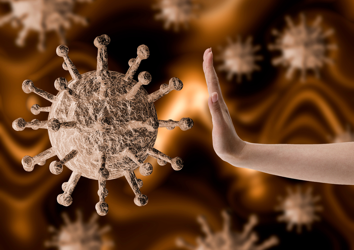 woman with her hand resisting and preventing coronavirus, a virus that causes severe peneumonia leading to death.