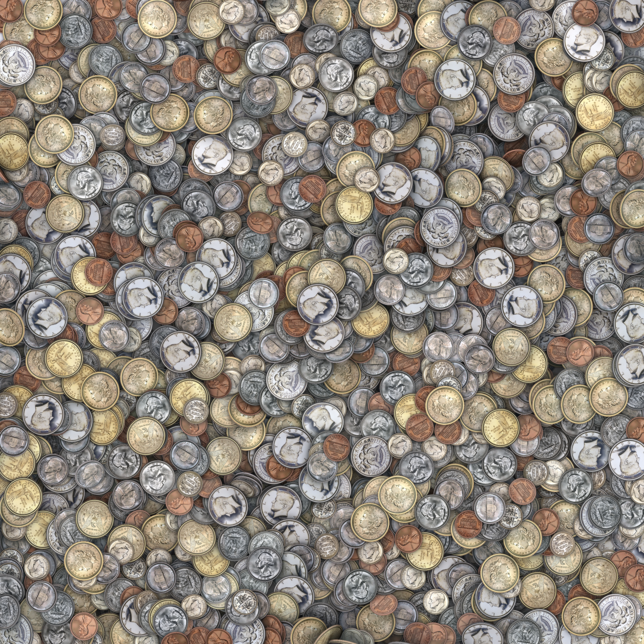 Top View, Hundreds of US Coins, 3D rendering
