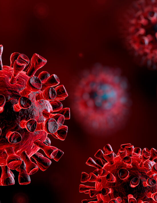 Corona Virus In Red Background - Microbiology And Virology Concept - 3d Rendering