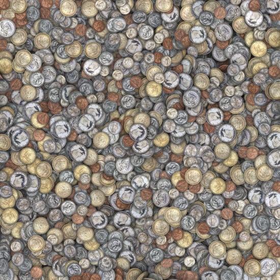 Top View, Hundreds of US Coins, 3D rendering