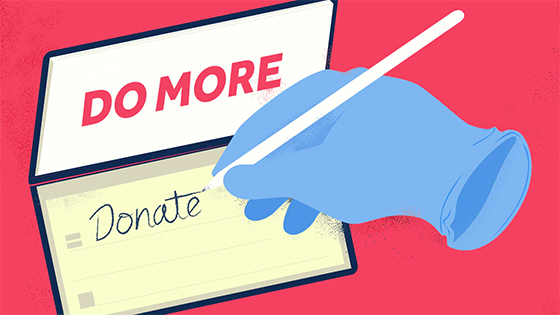 a hospital glove holding a pen and writing "donate" in a checkbook' image used for blog post about not-for-profit contributions being quid pro quo