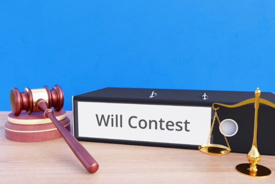 Will Contest – File Folder with labeling, gavel and libra – law, judgement, lawyer
