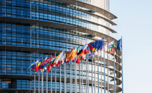 All European Union flags in front of parliament eu