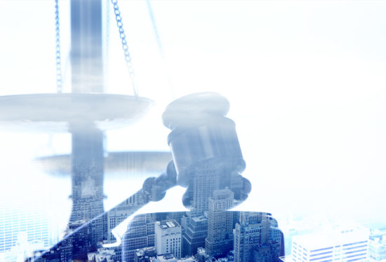 Multiple Exposure Of Gavel And Justice Scale And Urban Scene