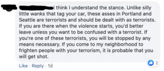 A stranger clarifies, states, "If you come to my neighborhood...it is probable that you will get shot". Some big logical jumps to get to that conclusion.