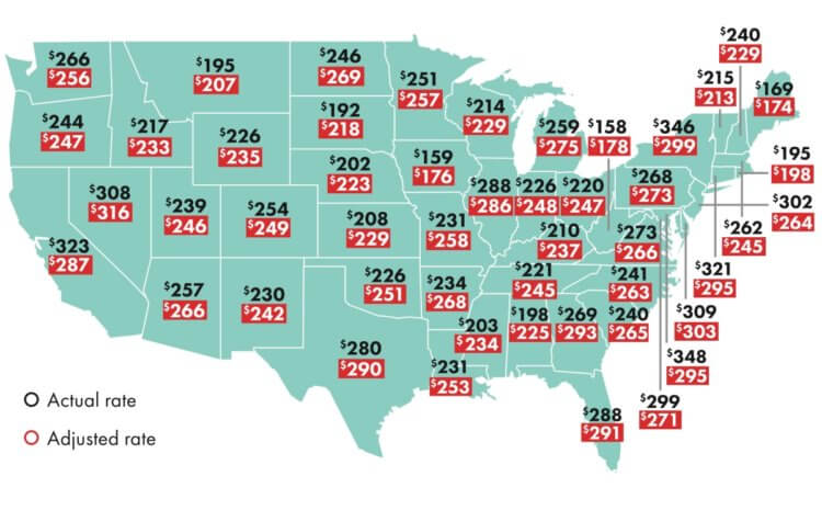 Law Firm Billing Rates Around the United States Map of US with lawyer hourly rates